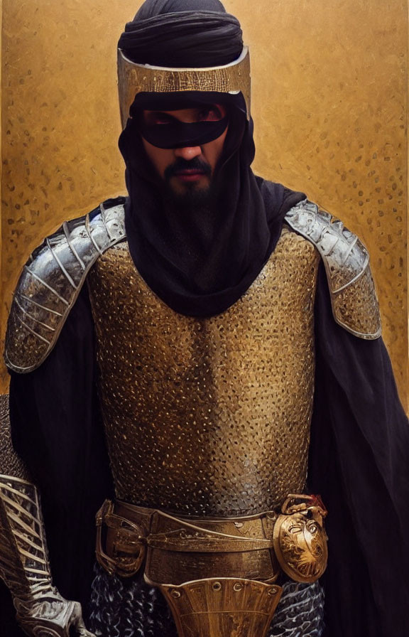 Medieval knight armor with chainmail coif and sunglasses on golden backdrop