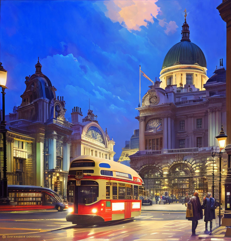 Iconic London architecture and red double-decker bus at twilight with pedestrians