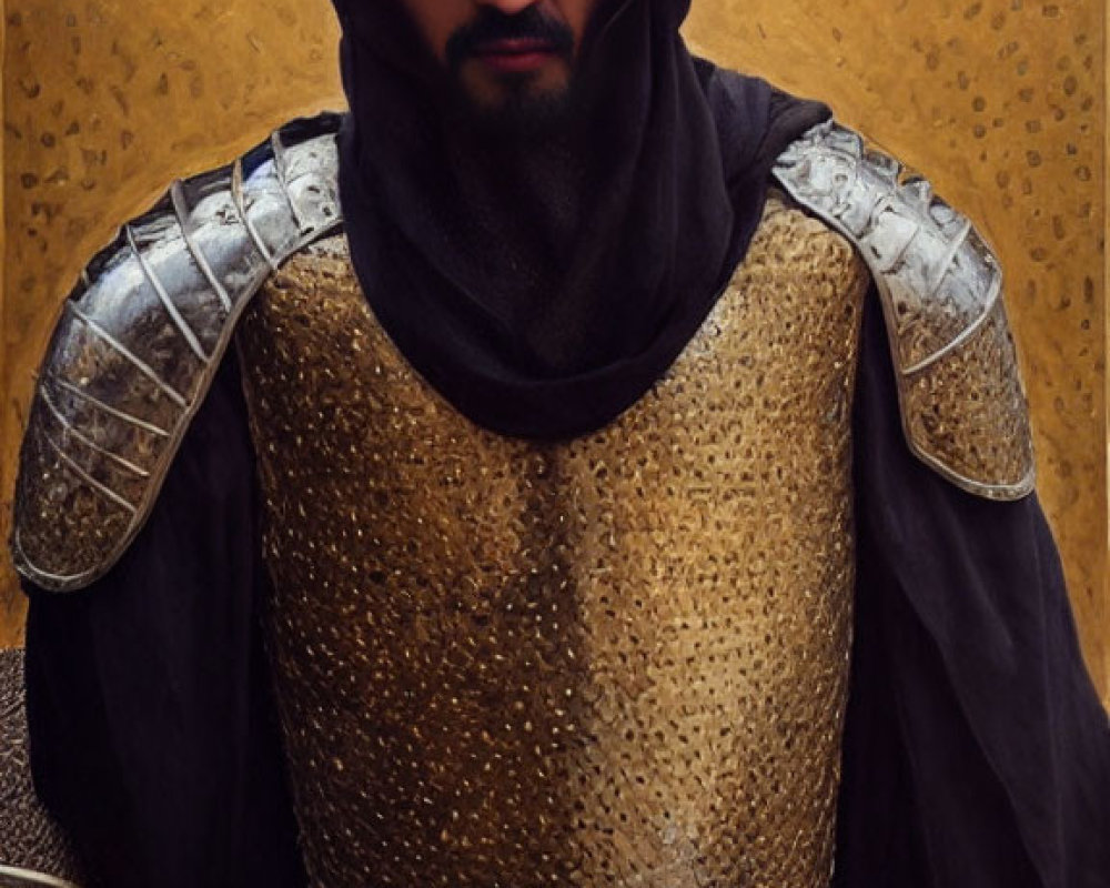 Medieval knight armor with chainmail coif and sunglasses on golden backdrop