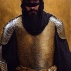 Medieval knight armor with chainmail coif and sunglasses on golden backdrop