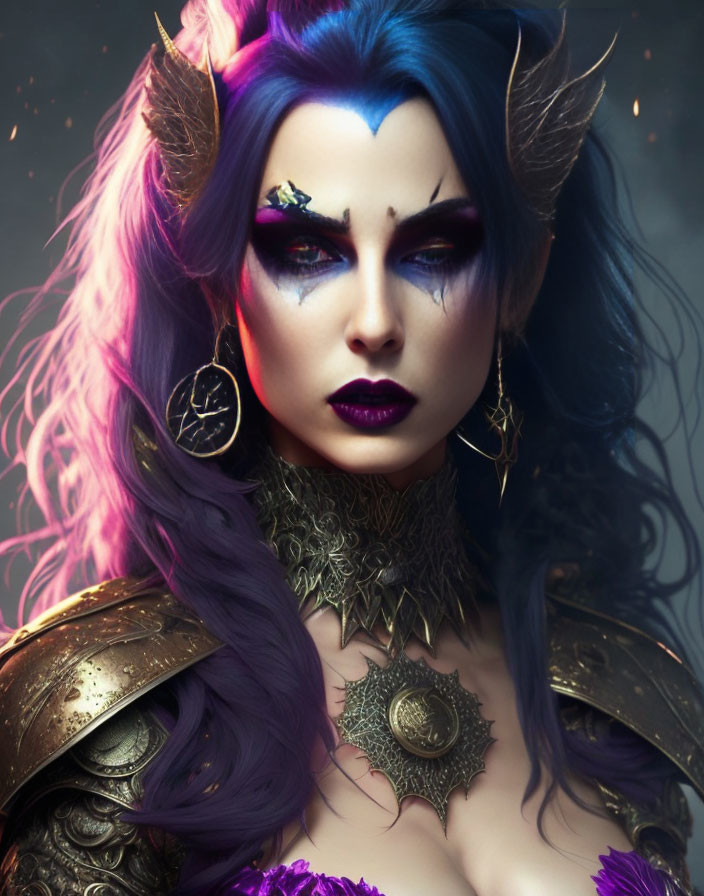 Fantasy character portrait: blue skin, purple hair, pointed ears, gold and bronze armor, striking