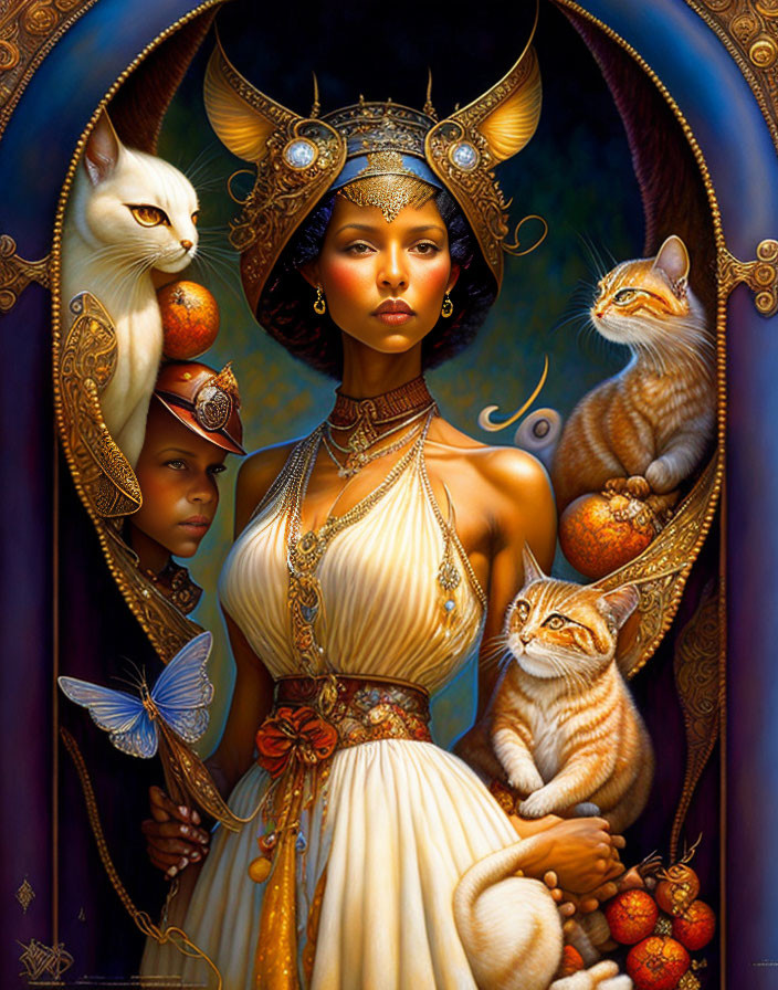 Golden Egyptian-style headdress woman with cats in mystical setting