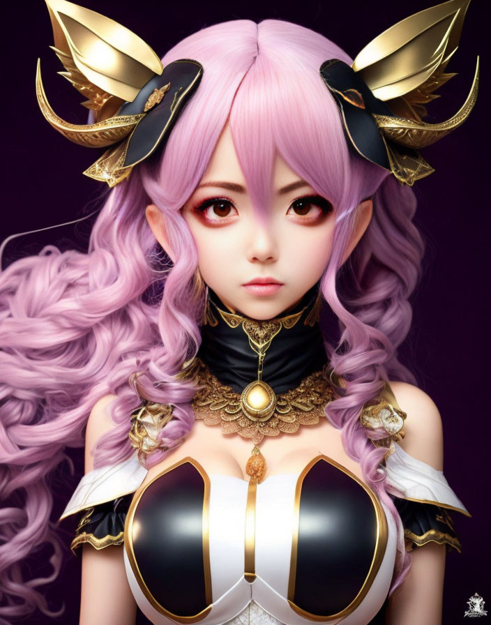 Character with Pink Hair and Red Eyes in Ornate Black and Gold Headgear