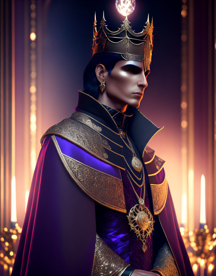 Regal figure in black and gold attire with purple cape