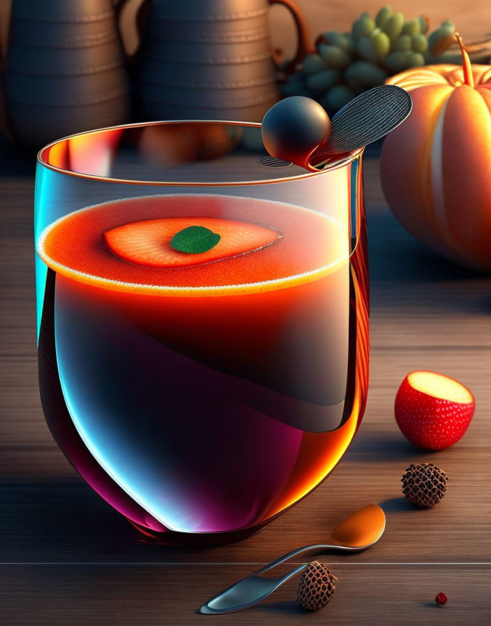 Colorful beverage with fruit slice, pumpkins, and acorns on wooden surface