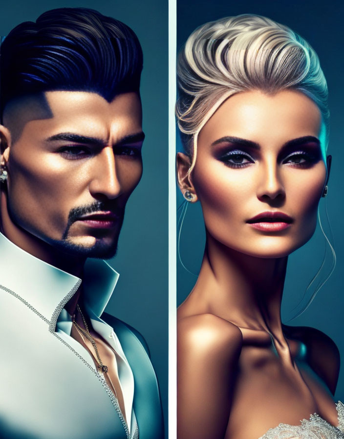 Stylized portraits of man and woman with elegant attire & sophisticated makeup