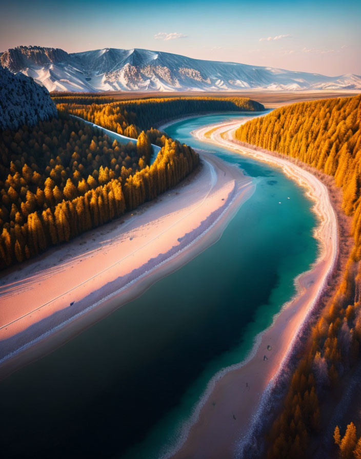 Meandering River with Teal Waters, Golden Forest, and Snow-Capped Mountains at Sunset