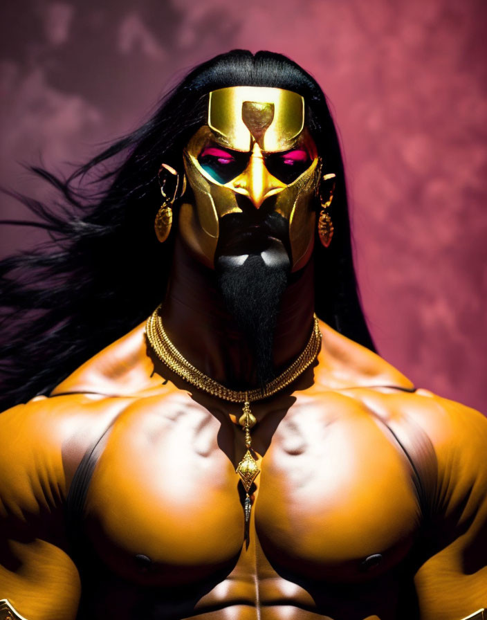 Golden Masked Figure with Purple Eyes and Muscles on Red Background