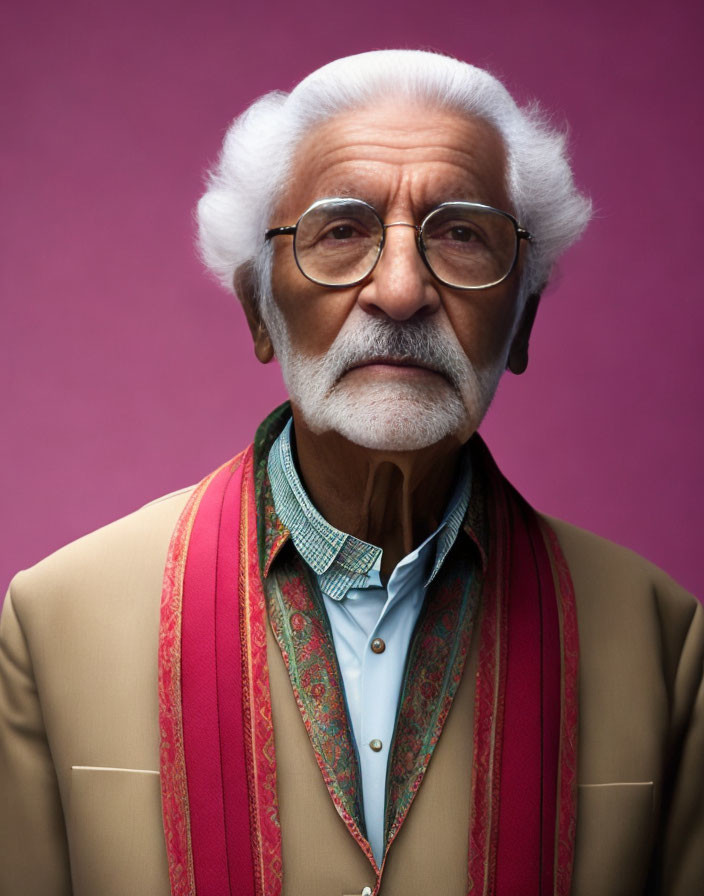 White-haired elderly man in beige blazer and glasses on pink backdrop