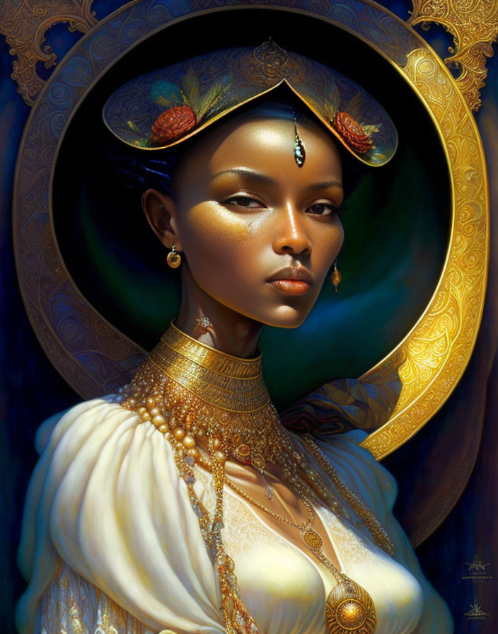 Portrait of woman with dark skin wearing gold jewelry and headdress, with circular halo on dark blue background