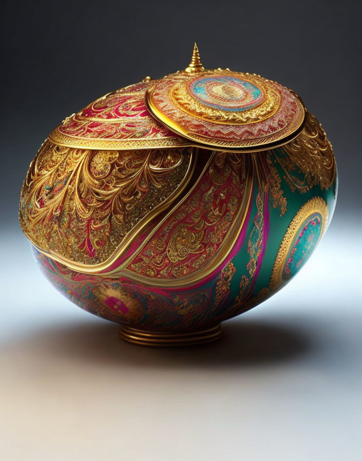 Golden-green lidded jar with intricate filigree patterns on gradient background