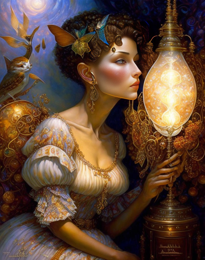 Ethereal artwork of woman with elfin ears holding ornate lamp surrounded by magical glow and birds