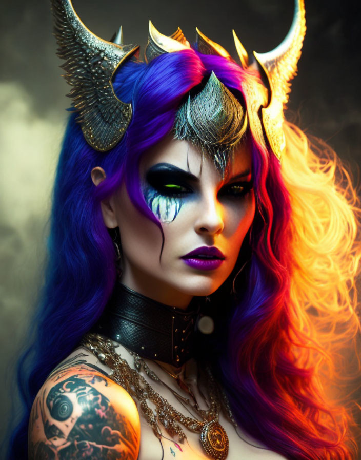 Colorful Rainbow Hair and Dramatic Makeup with Teardrop Detail, Horned Headpiece, and