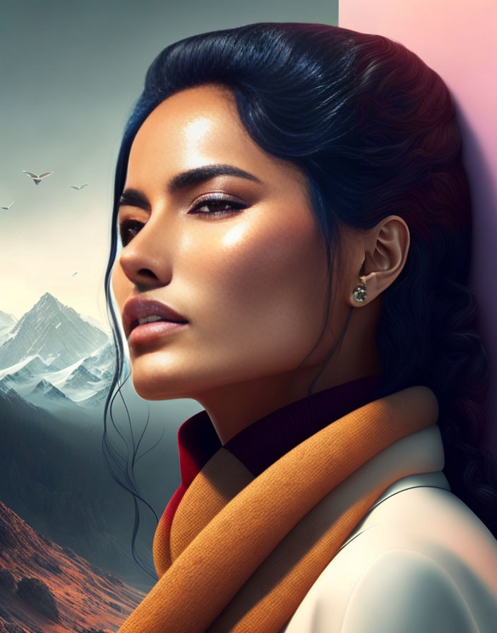 Braided hair woman in scarf gazes at birds over mountain.