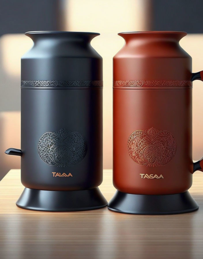 Stylish Black and Copper Thermal Flasks by TAZA on Wood Surface