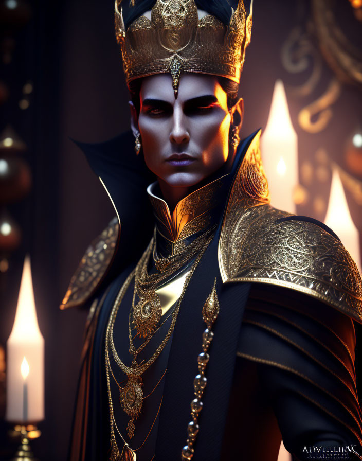 Regal figure in black and gold outfit with crown and armor in dimly lit setting