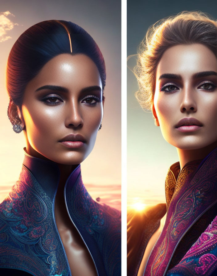 Side-by-Side Portraits: Woman in Stylish Makeup and Attire, One in Cooler T