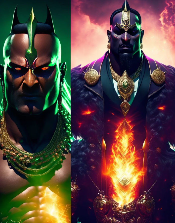 Stylized dramatic portraits of a man with horns and futuristic warrior attire on gradient backdrop