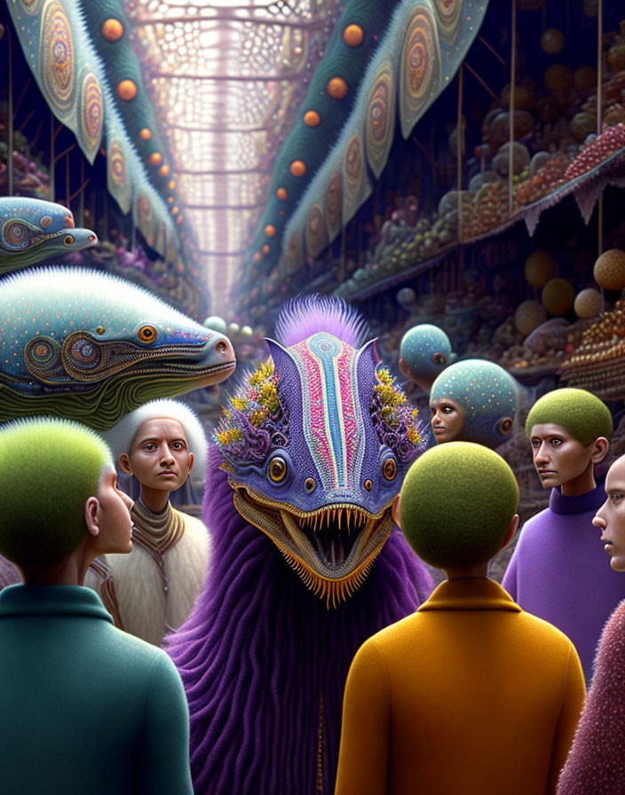 Vibrant surreal digital art: human figures and fish-like creatures in fantastical indoor scene