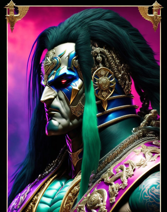 Fantasy character with green hair in golden armor and face paint on pink and purple background