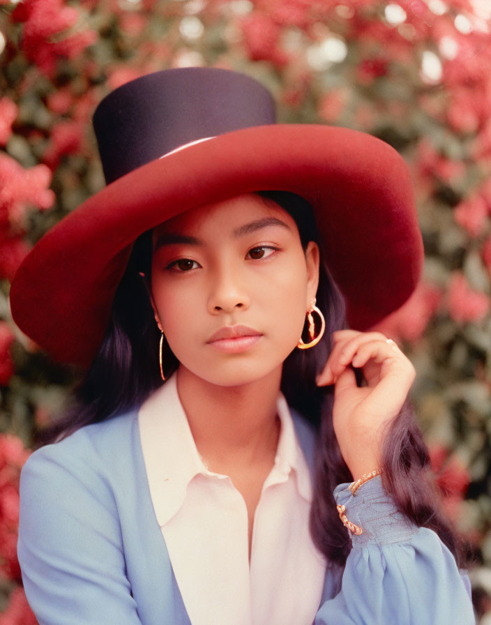 Woman in wide-brimmed hat poses by pink bush in blue blazer.