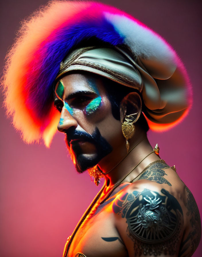 Vibrant portrait of person with bold makeup, turban, and shoulder tattoo