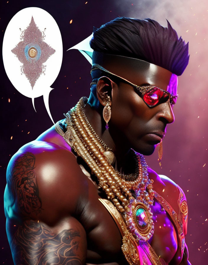 Man with dark skin wearing red eyepiece, gold necklaces, tattoos, and mohawk