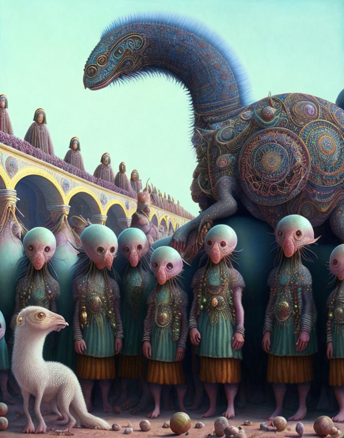 Surreal artwork featuring creatures with large heads and ornate dinosaur-like animals