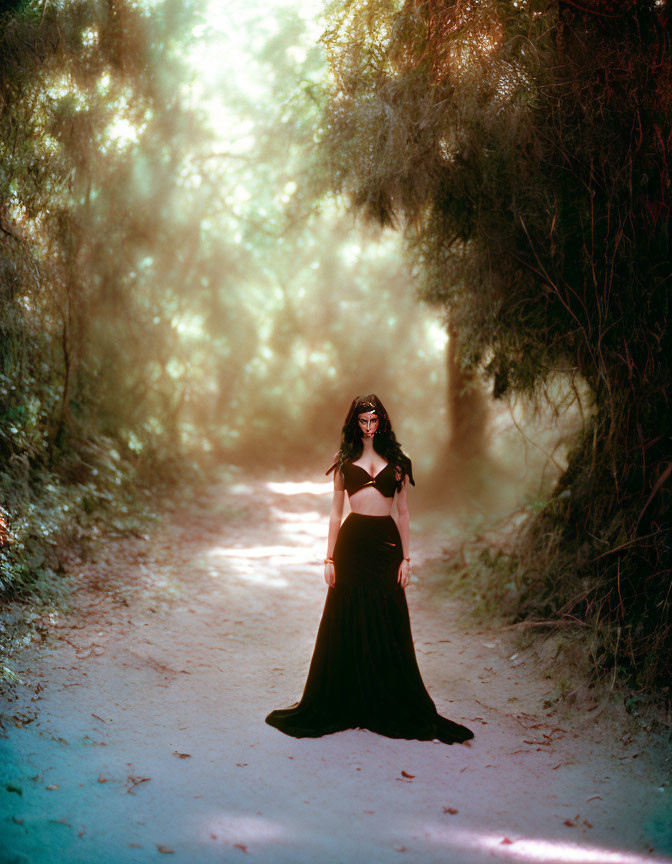 Woman in Black Dress Standing on Forest Path with Ethereal Light