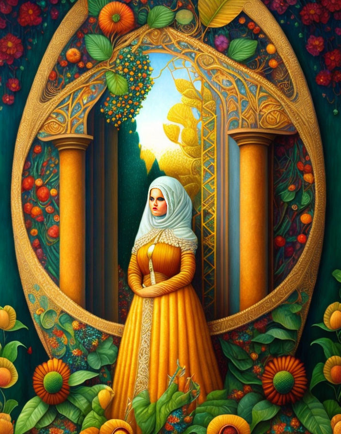 Woman in Yellow Dress and White Headscarf in Ornate Archway with Greenery and Flowers