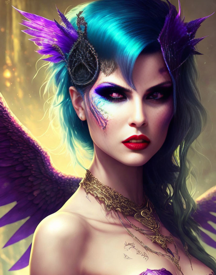 Vibrant Fantasy Figure with Blue Hair, Red Lips, Purple Wings, and Gold Jewelry