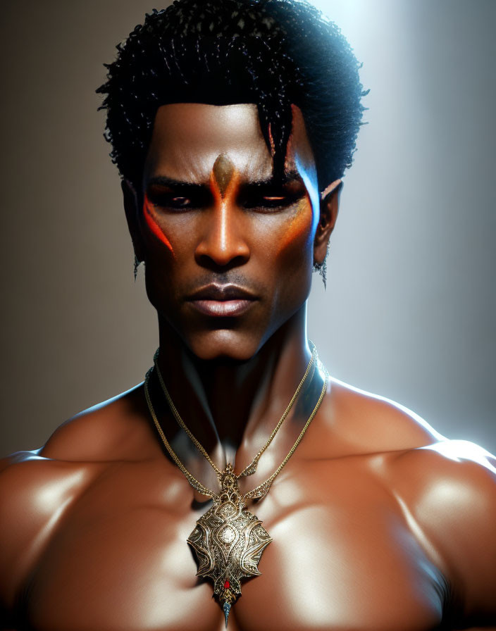 Male figure with tribal makeup and necklace on muted background