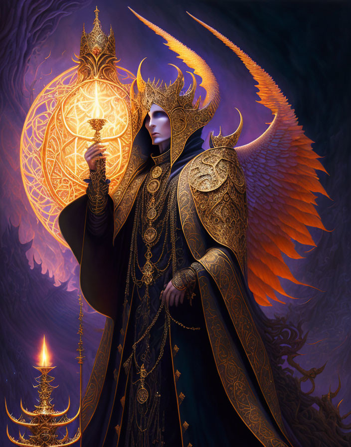 Regal figure in golden armor with wings holding a radiant sphere