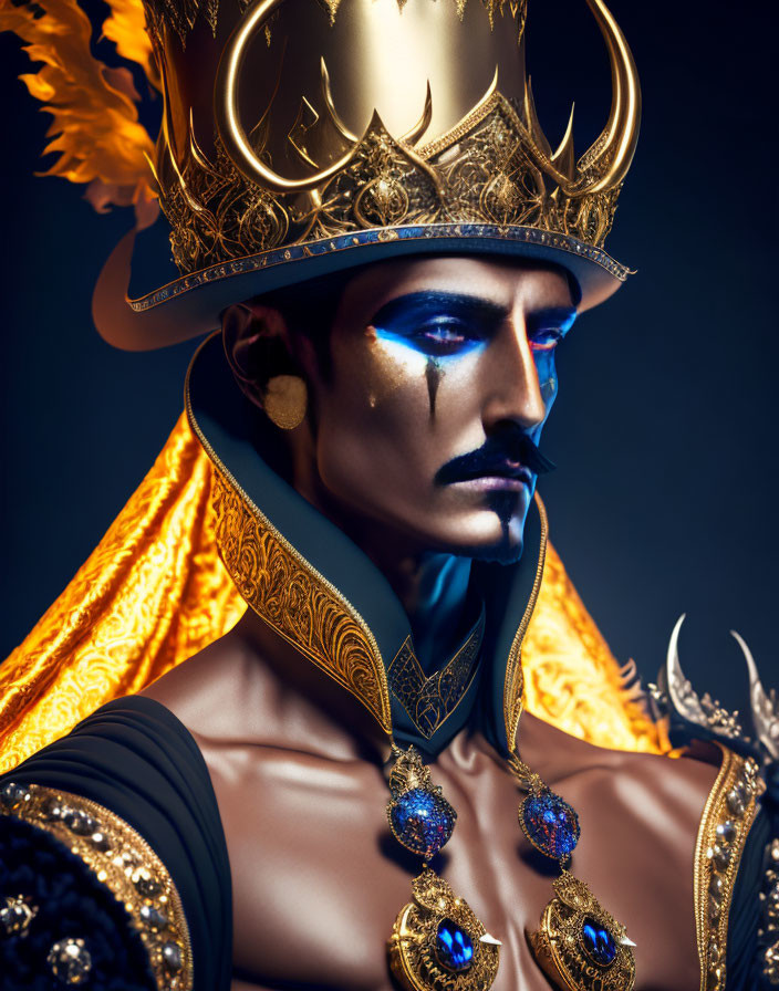 Regal figure with golden crown, blue gems, dramatic makeup