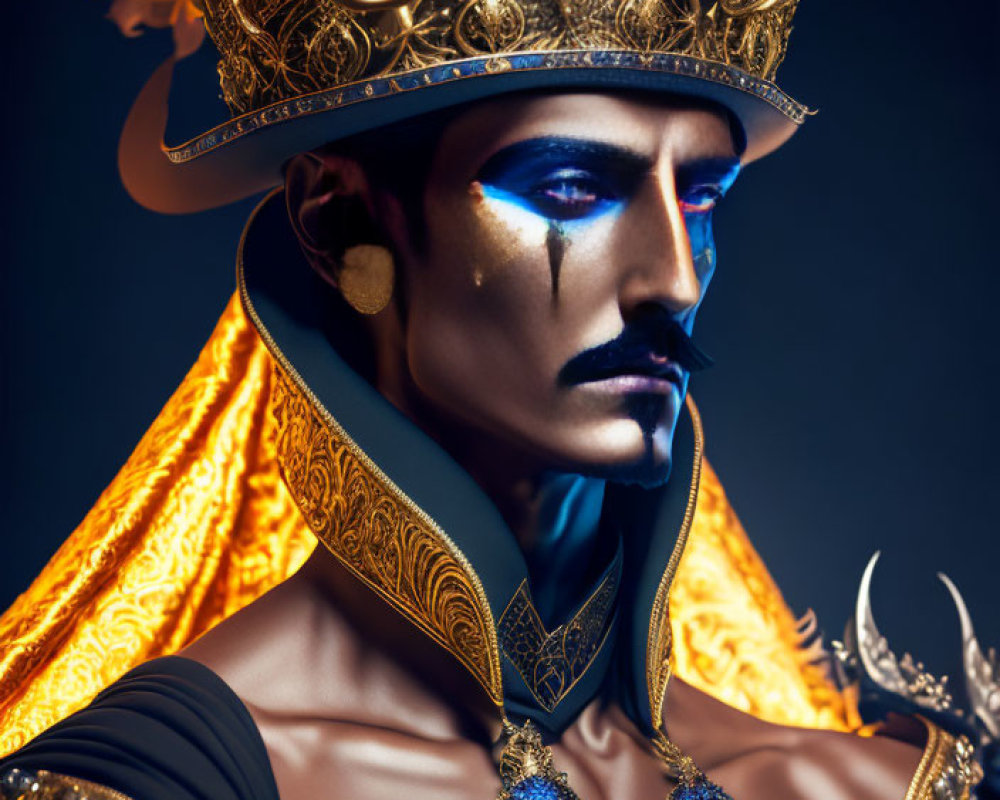 Regal figure with golden crown, blue gems, dramatic makeup