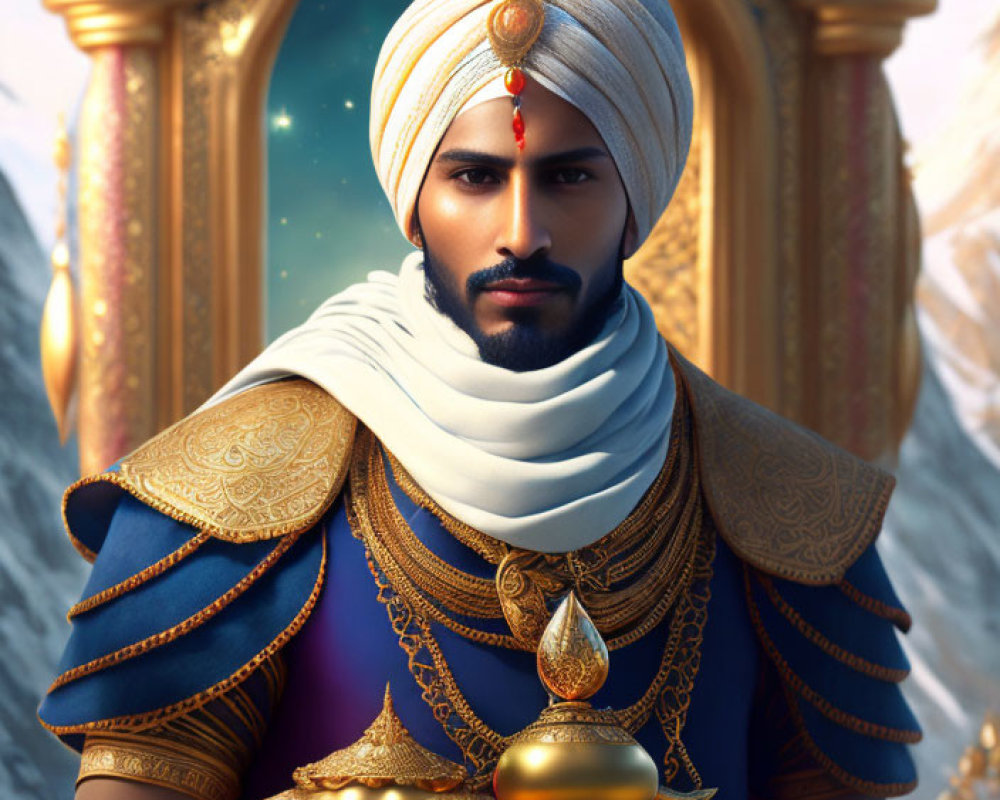 Bearded man in royal attire with turban against majestic backdrop