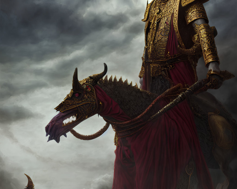 Regal warrior king in golden armor with dragon under stormy sky