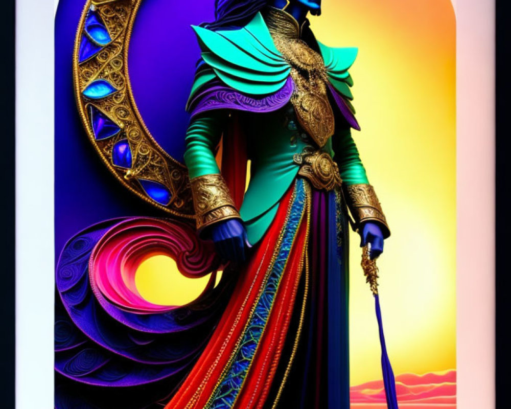 Regal blue-skinned figure in golden armor with headdress and scepter on sunset backdrop