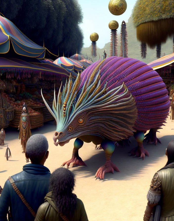 Colorful Armadillo-like Creature Meets People in Fantastical Marketplace