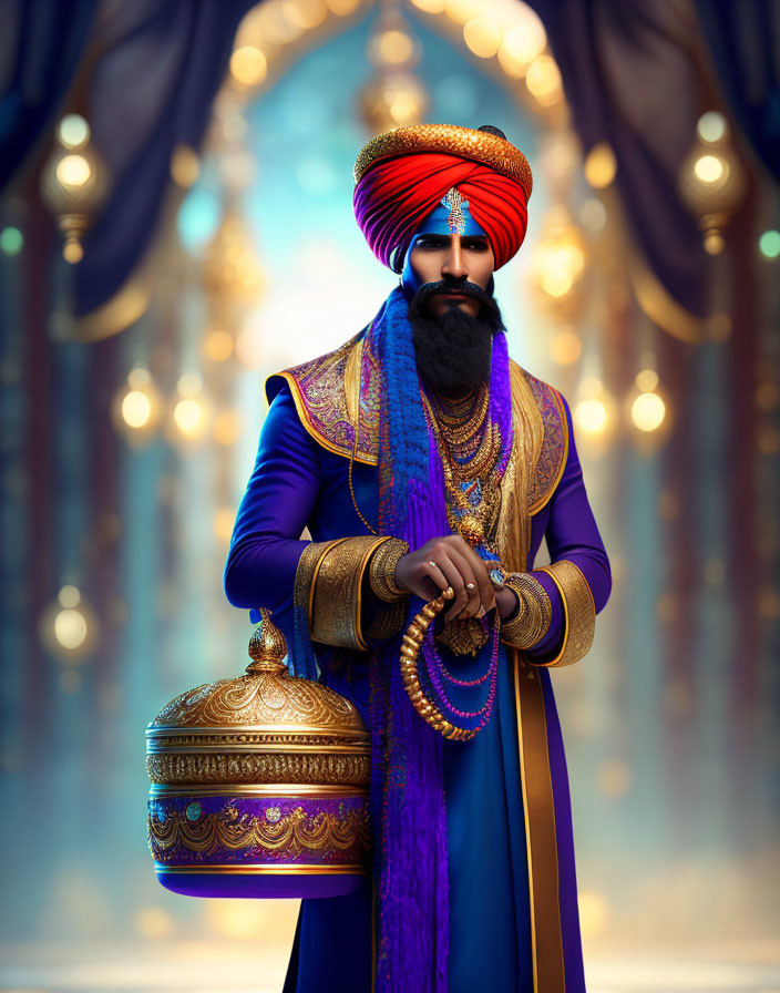 Traditional Indian Attire: Regal Man with Golden Pot in Opulent Setting