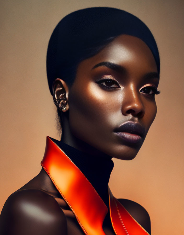 Portrait of woman with smooth skin, orange collar, dark top, and headscarf on warm backdrop