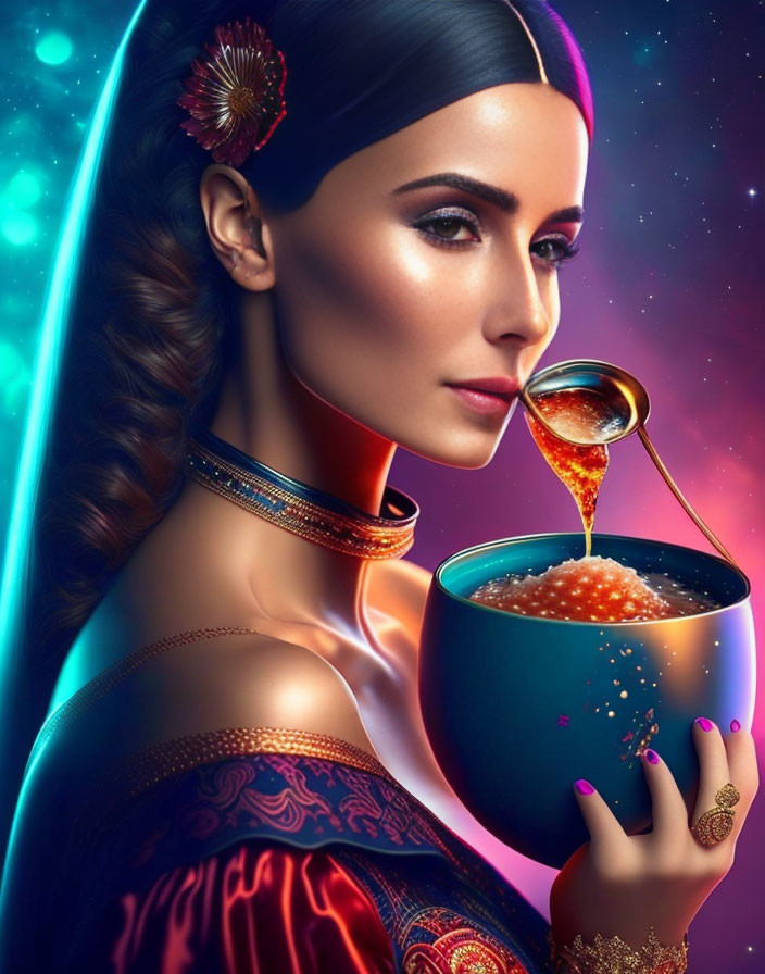 Woman with side braid pours golden liquid into bowl of spheres against cosmic backdrop