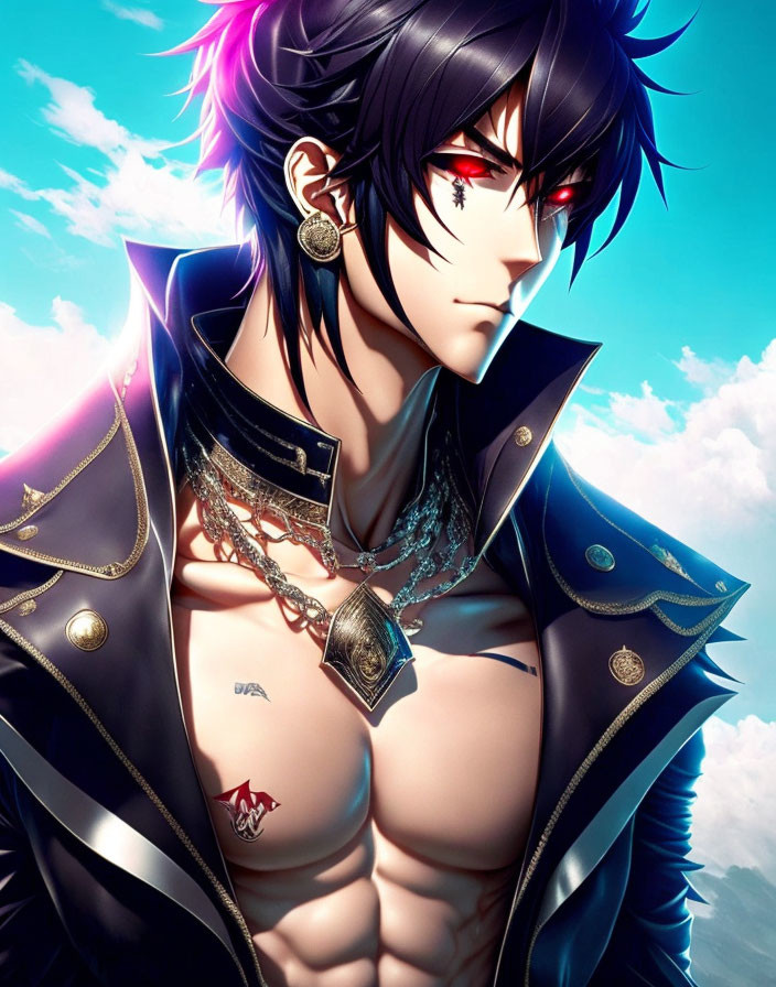 Black-haired animated character in blue jacket with red eye and gold chains under clear blue sky