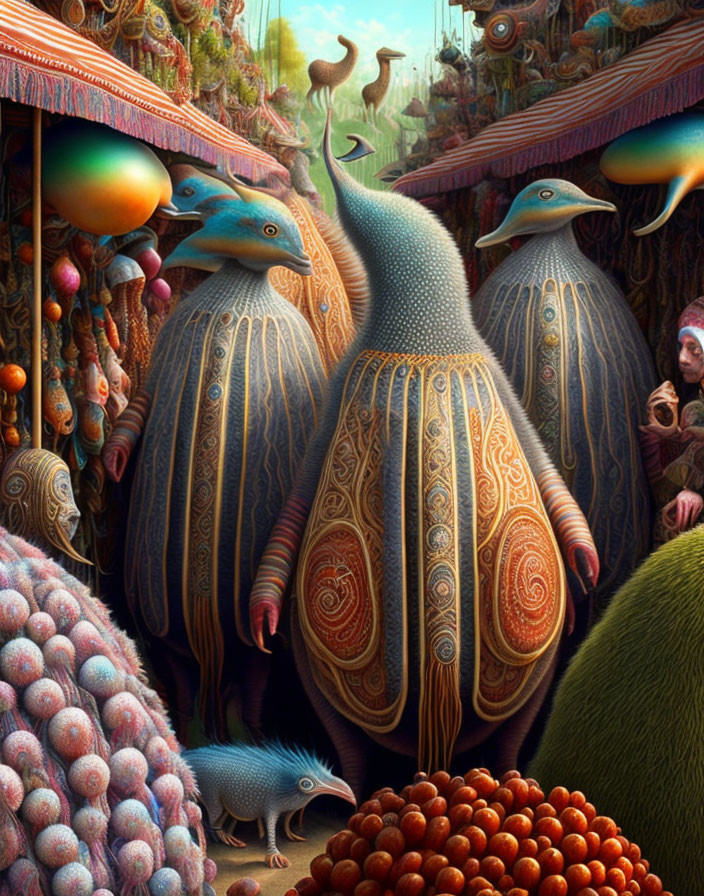 Surreal bird-like creatures with elongated beaks in a market setting