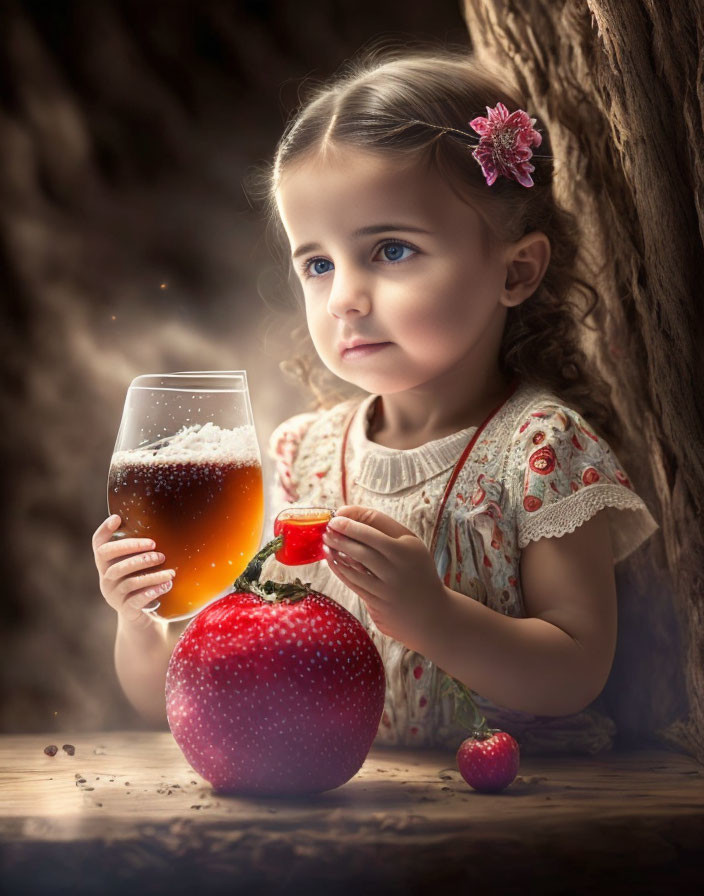 Young girl with flower gazes at large strawberry and fizzy drink