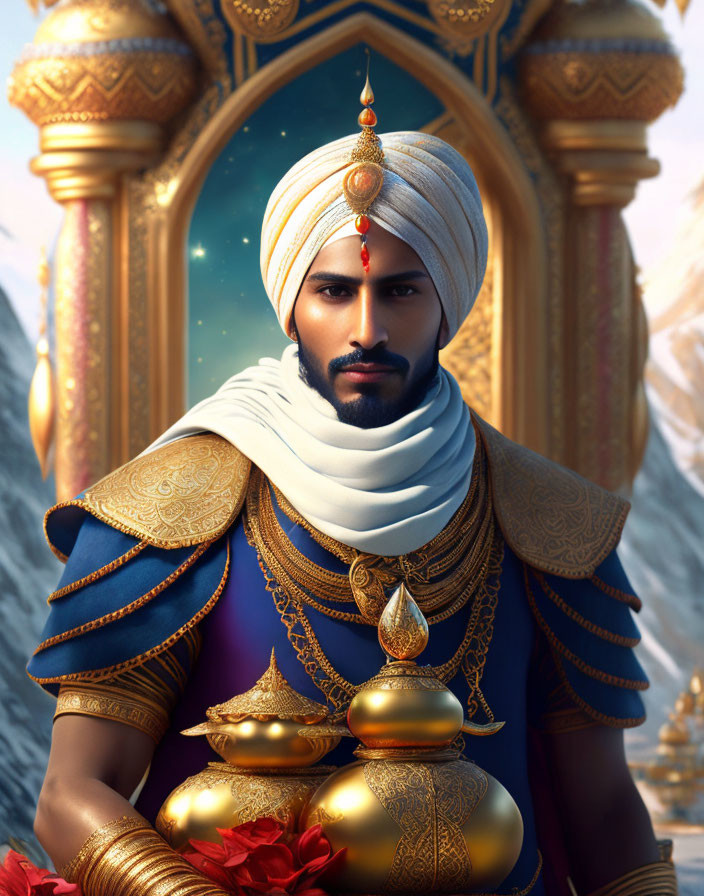 Bearded man in royal attire with turban against majestic backdrop