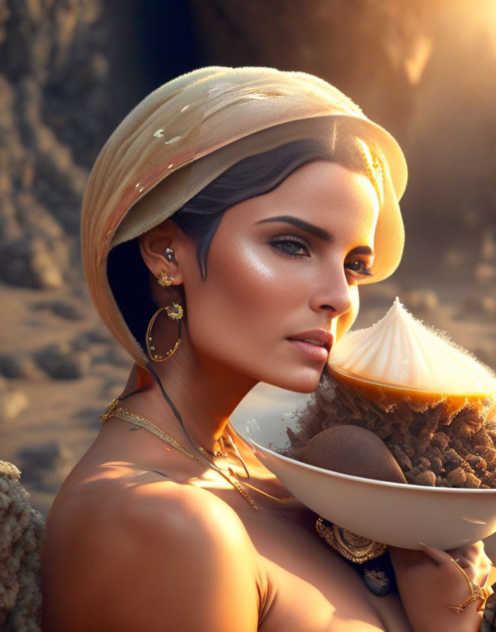 Woman in headscarf with gold jewelry holding bowl with floating island at sunset