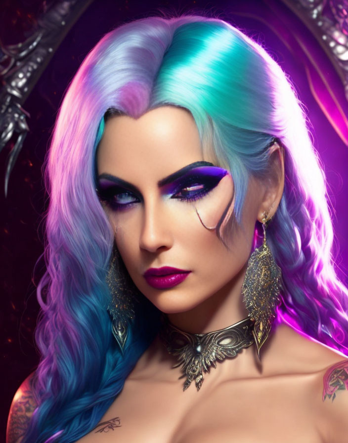 Striking blue and purple hair woman with bold makeup and gold jewelry pose against warm background