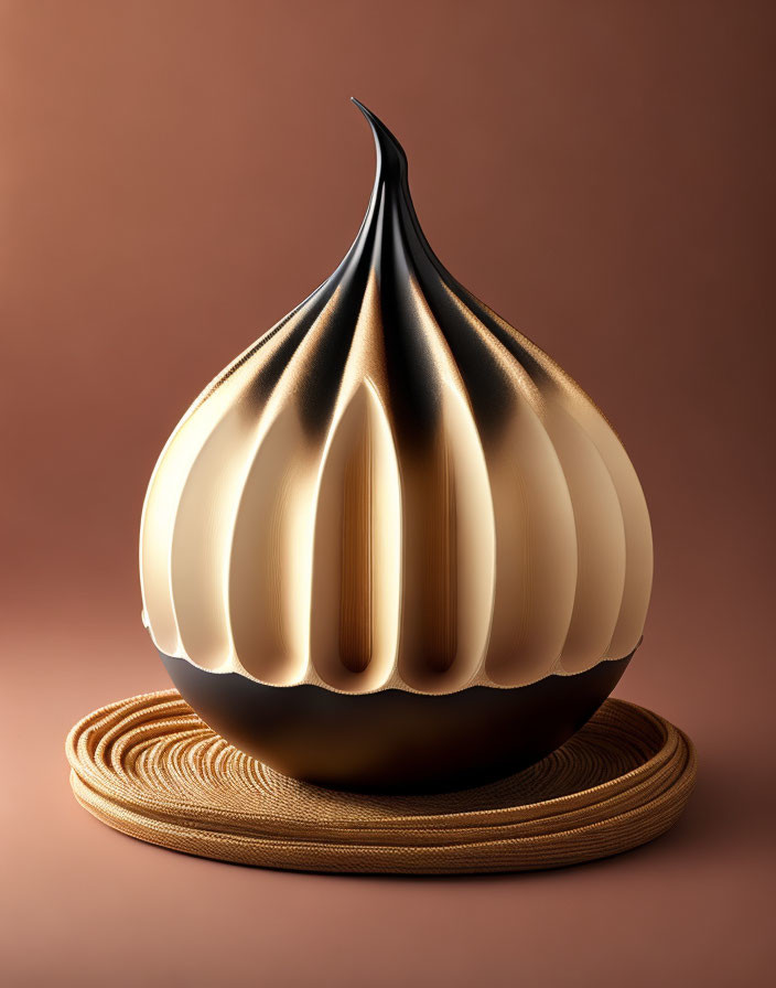 Metallic Onion Sculpture on Beige Mat Against Peach Background