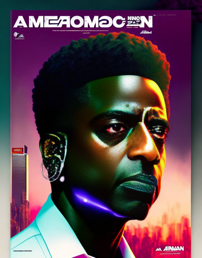 Colorful poster: man with green eyes, afro, neon glow, stylized title